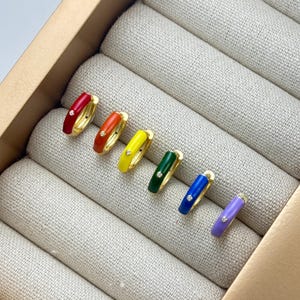 Rainbow CZ Huggie Hoop Set by Stella Amoré – Dainty Gold Earrings, 6-Set Colorful Enamel Hoops, Multicolor Huggie Stack, Vibrant Jewelry