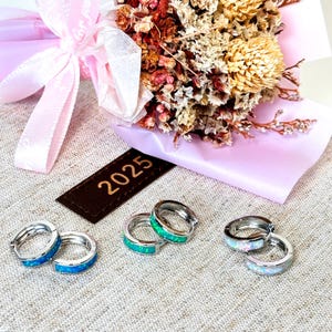 Opal Hoop Earrings – Sterling Silver & 18k Gold – Huggie Hoops with Black, Blue, White, Green Opal Inlay – Minimalist Birthstone Jewelry