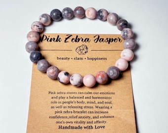 Pink Zebra Jasper Bracelet with Card – 8mm Stretch Crystal Bracelet – Friendship & Healing Bracelet – Adjustable Protective Gemstone Jewelry