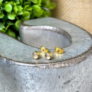Dainty April Birthstone Earrings – 4mm Gold-Plated CZ Studs – Minimalist Crystal Jewelry – Zodiac Cartilage Earrings
