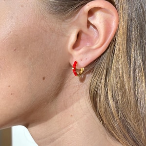 Red Enamel CZ Huggie Hoops by Stella Amoré – Dainty Gold Earrings, Stackable Huggies, Bold Everyday Jewelry, Custom Colorful Hoop Sets