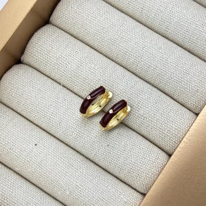 Brown Enamel CZ Huggie Hoops by Stella Amoré – Dainty Gold Earrings, Stackable Huggies, Colorful Hoop Jewelry, Custom CZ Combo Sets
