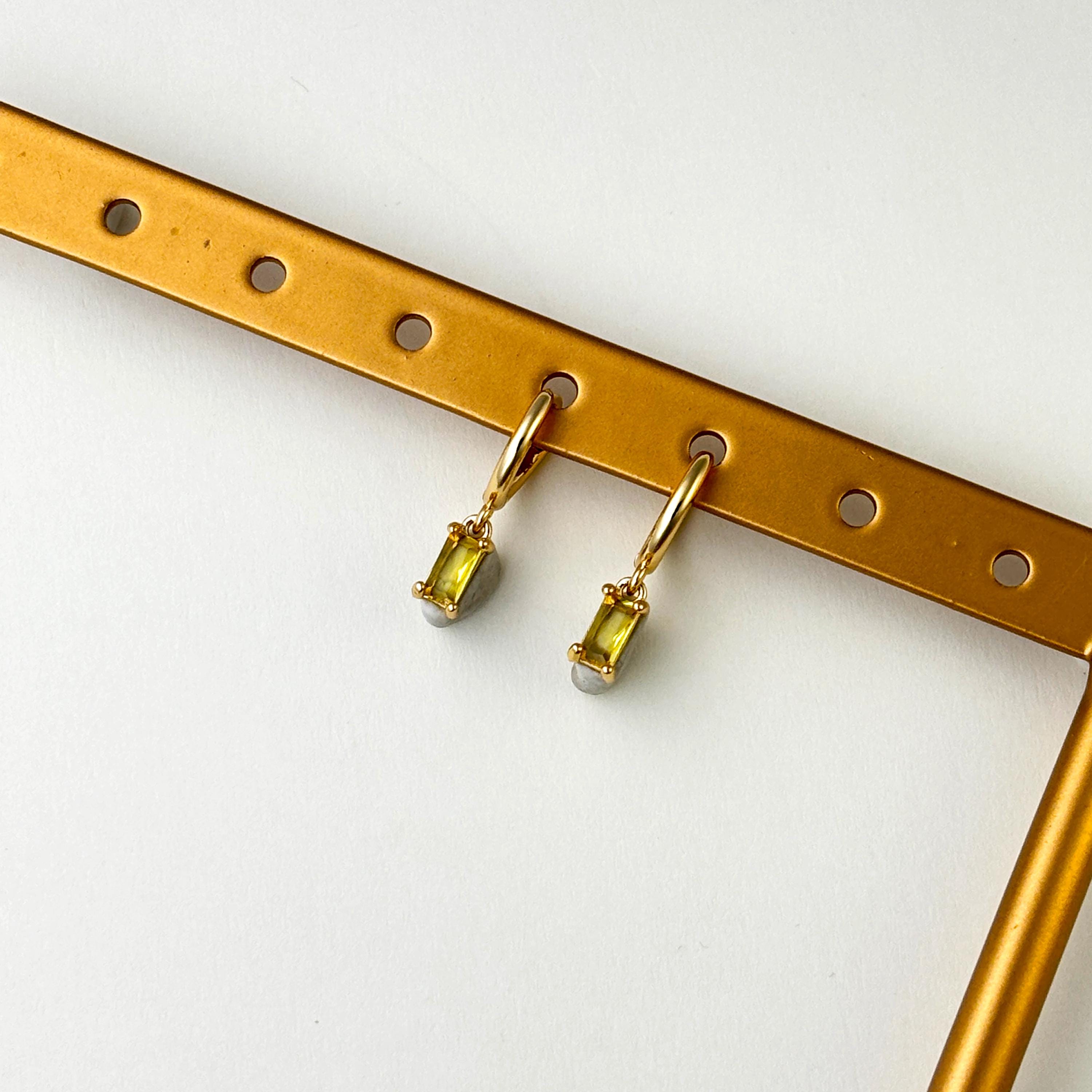 14K Gold Topaz Hoop Earrings – Baguette November Birthstone Dangle Huggies, Dainty Yellow Clicker, Gold Gemstone Cartilage Jewelry