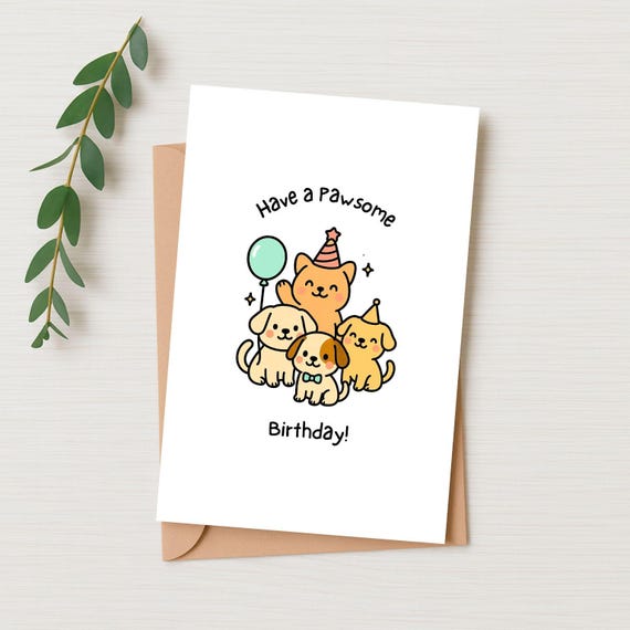 Cute Dog Themed Birthday Card - Pawsome Happy Birthday Card - Digital Download - Cute Printable Greeting Card - Printable Card Letter Size