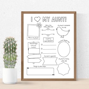 Amo mia zia stampabile, attività per il compleanno della zia da completare per bambini, tutto sulla zia da riempire, regalo di compleanno per la zia, zia PDF