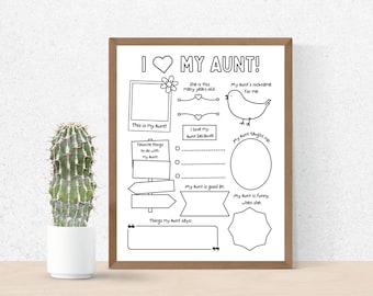 Ich liebe meine Tante zum Ausdrucken, Tante Geburtstagsaktivität für Kinder zum Ausfüllen, Alles über Tante Fill-in-the-Blank, Geburtstagsgeschenk für Tante, Tante PDF