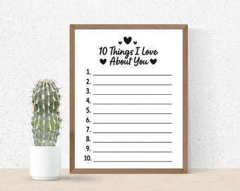 10 Things I Love About You Printable Greeting or Gift - 10 Things I Love About You Template - !0 Reasons Why Fillable Love Letter