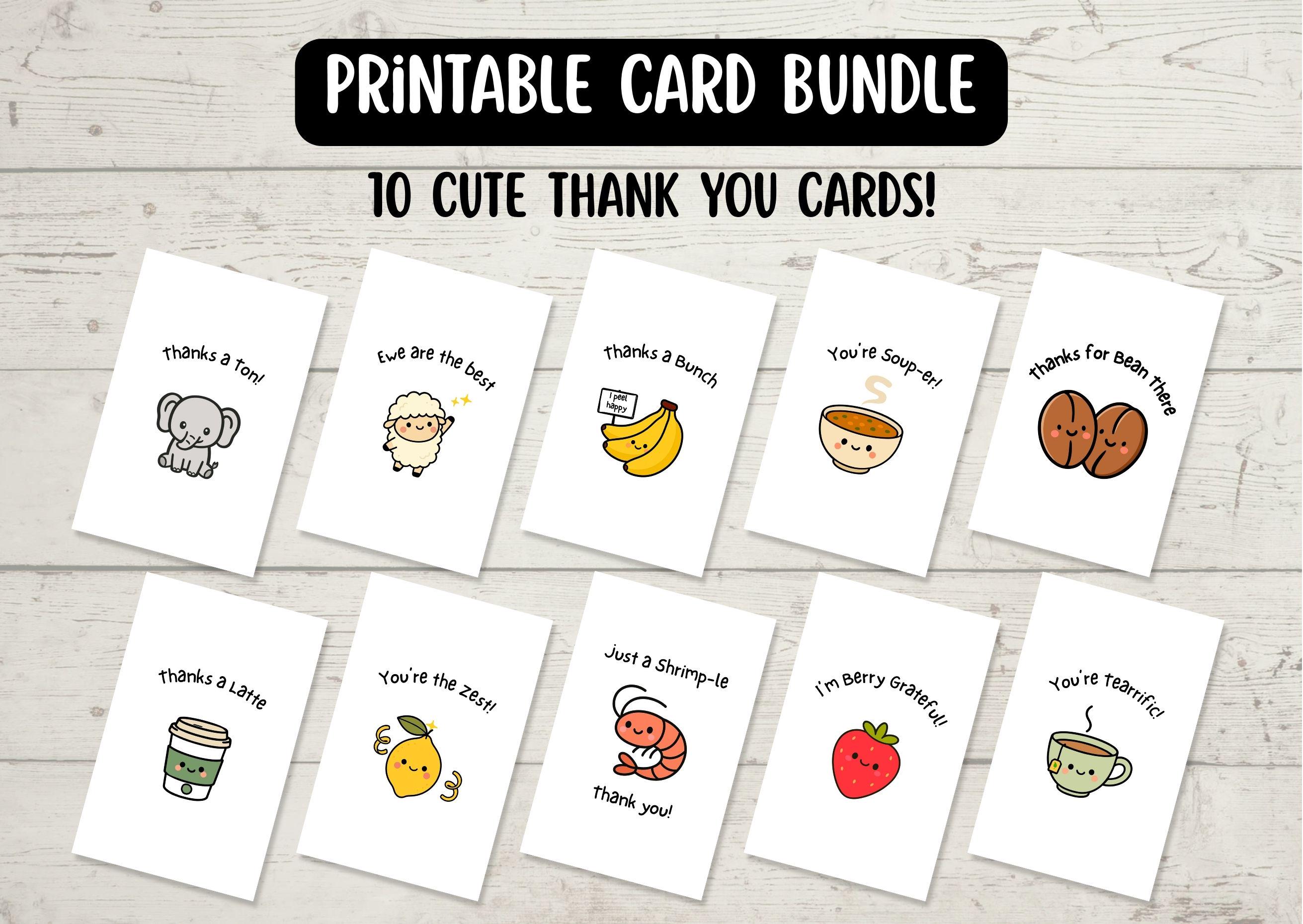 printable cute thank you card bundle – pun-themed food & animal