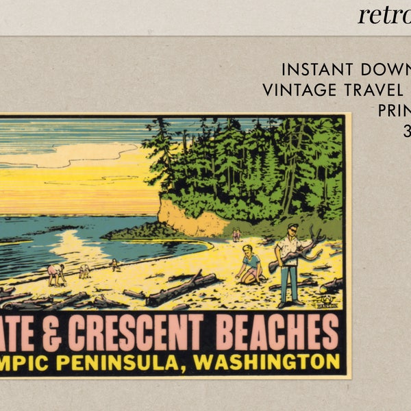 Agate & Crescent Beach - Vintage Travel Decal- WA state - Instant Download