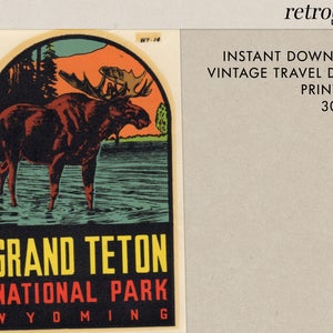 Grand Teton National Park - Wyoming - Elch - Weinlese-Reise-Aufkleber - sofort-Download