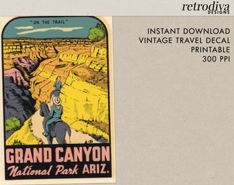 Grand Canyon National Park - Arizona - Horse - Burro - on the Trail - Vintage Travel Decal - Instant Download