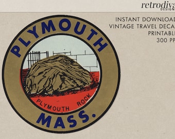 Plymouth Rock - Plymouth - MA - Massachusetts - Vintage Travel Decal - Natychmiastowe pobranie