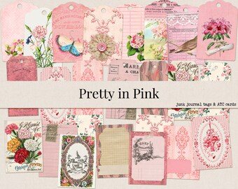 May include: A collection of pink and white patterned paper tags and cards with floral and bird designs. The tags and cards are perfect for scrapbooking, junk journaling, and card making. The text on the tags reads "Pretty in Pink", "Junk Journal Tags & ATC Cards", "Catalogue Flower", "GRouset", "EAC Manufacturing", "Power-Lo", "JURD", "Datg Due", "MARE A CHA", "Go", and "Camlogos Flowers".