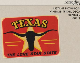 Texas - The Lone Star State - TX - Vintage Travel Calcomanía - Descarga Instantánea