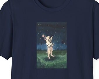 Wisdom- Unisex Softstyle T-Shirt with image of Two Rabbits Star Gazing on the Front, Cute Bunny Shirt, Based on my Original Watercolor Art