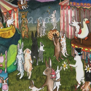 Carnival -Signed Fine Art Print from Original Watercolor Painting- Cute Bunny Rabbits at Night with Fun Carnival Rides, Food, Games, Festive