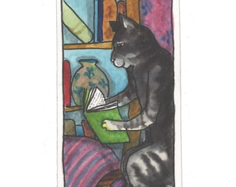 Reading Cat - Original Watercolor Cat Painting - Hand Painted Bookmark, One of a Kind, Unique Book Lover's Gift, Gray Tabby Cat Reading Art