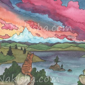 Original Painting - Queen of the Castle - One of a Kind, Hand Painted Watercolor Art, Ginger Cat Painting with Black and White Cat Border