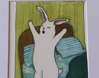 Yawn- Fine Art Rabbit Print- Cute Rabbit Art from Original Watercolor Painting, Bedroom Wall Art, Signed by Artist, Rabbit in Bunny Slippers