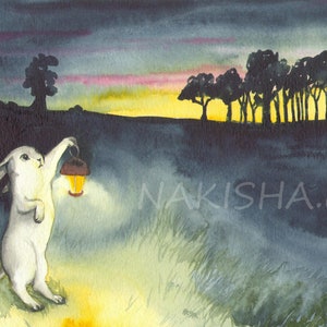 Lantern Fine Art Print Rabbit Art Large Size Original Signed Print, Woodland Decor, Animal Art Painting, Watercolor Art by Nakisha image 1