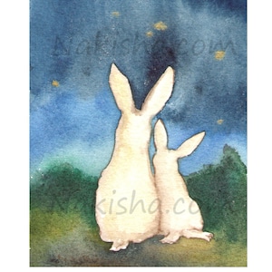 Regardant les étoiles - impression d&#39;art de deux lapins blancs regardant les étoiles, de la peinture aquarelle originale par Nakisha, impression signée par l&#39;artiste