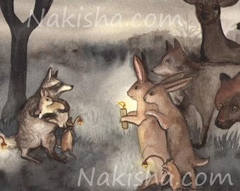 The Search Party - Archival Fine Art Animal Print from Original Watercolor Painting - Nursery Children's Room Art, Rabbits, Woodland Animals