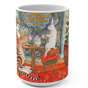 Tea with Tiger Mug - Large Ceramic 15oz Coffee Mug, Featuring a Watercolor Painting of White Rabbit having Tea with Tiger, Cute Animal Mug