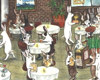 At the Restaurant - Fine Art Print - Rabbit Art Illustration