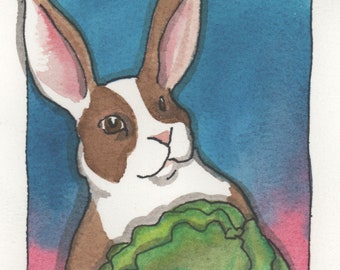 Original Painting - Cabbage - Watercolor Animal Art, Brown and White Dutch Rabbit Hand Painted Illustration, One of a Kind Wall Art Animal