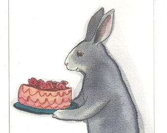 Original Painting - Strawberry Cake, Watercolor Animal Art- Hand Painted Original Ink and Watercolor Rabbit, Gray Bunny with Pink Cake, Cute