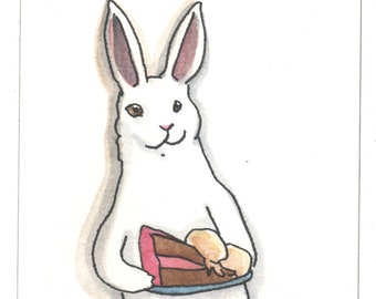 Original Painting - Cake A La Mode - Watercolor Animal Art, Hand Painted One of a Kind White Rabbit Holding a Slice of Cake, Cute Animal Art