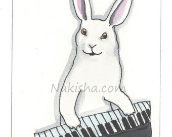 Original Painting - Keyboard Player - Watercolor Animal Art - White Rabbit Playing Piano Keyboard, One of a Kind Original Hand Painted, OOAK