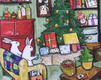 Advent Calendar - Bunny Rabbits at Home for Christmas - 24 Days - Signed and Numbered by Artist