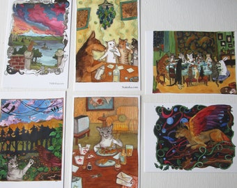 Cat Art Postcard Sets - Set of 6 Art Postcards, Cute Animal Art Cards, Original Paintings of Cats on Cards, Cats Drinking, Eating, Fantasy