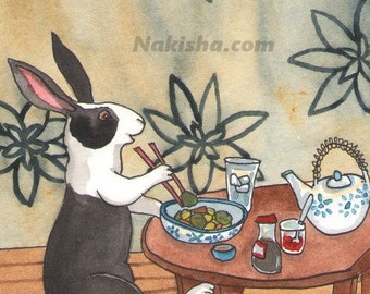 Fine Art Rabbit Print - Dutch Bunny Eating Dinner, Cute Black and White Bunny at the Table, From Original Watercolor Rabbit with Chopsticks