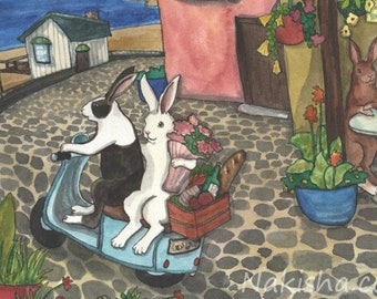 Original Painting - Beach Holiday - Hand Painted One of a Kind Watercolor Art, Cute Rabbits on a Scooter by the Sea, OOAK Original, Bunnies