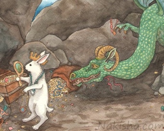 Bunny and the Dragon - Fine Art Print - Rabbit Illustration from Original Watercolor Painting, Cute White Bunny with Dragon, Fantasy Art
