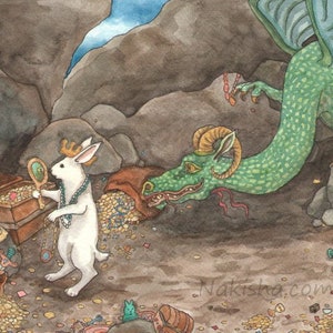 Bunny and the Dragon - Fine Art Print - Rabbit Illustration from Original Watercolor Painting, Cute White Bunny with Dragon, Fantasy Art
