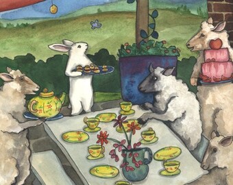 Tea with Sheep - Fine Art Print - Rabbit Art Illustration, Based on Original Bunny Watercolor, Signed by Artist, Cute Rabbit with Sheep, Tea