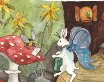 Snail Mail - Fine Art Print - Rabbit Art, Fantasy Wall Art, Woodland Painting, Original Art Watercolor Reproduction, Bunny and Bumble Bee