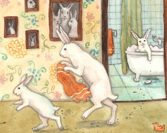 After the Bath - Fine Art Print - Rabbit Art - Cute Bunnies, Wall Art, Bathroom Decor, Animal Watercolor, Humorous Print, White Rabbits