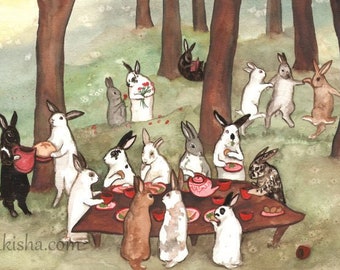 The Reunion -  Fine Art Rabbit Print, Cute Watercolor Painting of a Bunch of Rescued Bunnies, Made From Original Art, Rabbit Lover Gift, Art