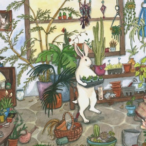 The Plant Room - Fine Art Print - Rabbit Art from Original Watercolor Painting, Bunny with Potted House Plants, Gardener Gift, Rabbit Lover
