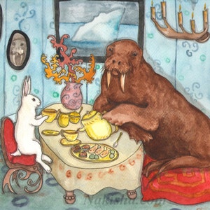 a unique watercolor painting of a large walrus having tea with a white rabbit, by artist Nakisha, as a fine art print.