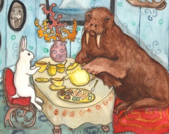 Tea with Walrus - Fine Art Rabbit Print, White Rabbit and Walrus having Tea, Arctic Animal Art, Cute Original Watercolor Print, Fun, Unique