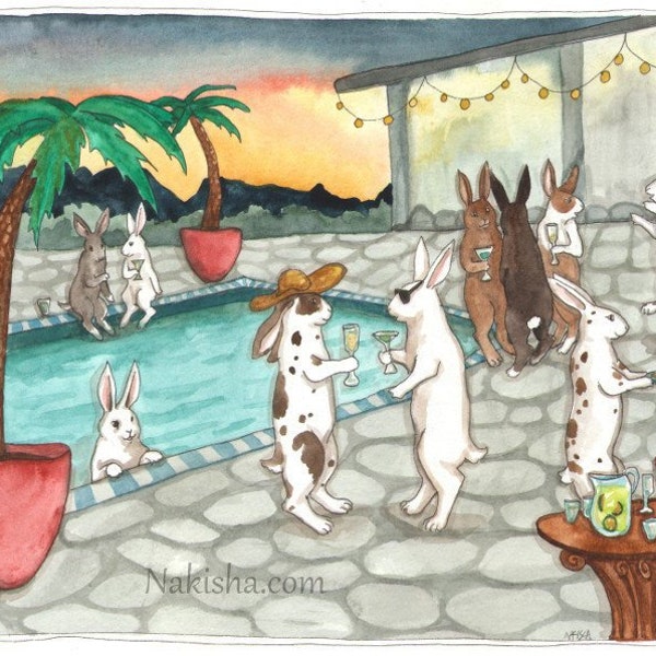 Sunset Pool Party - Fine Art Print - Cute Rabbit Art from Original Watercolor Painting, Signed by Artist, Rabbits at a Party, Swimming Pool