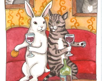 Fine Art Rabbit Print - Friends' Night- White Bunny and Tabby Cat Drinking Wine Together, Cute Gift for Friend, BFF, from Original Painting