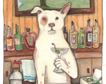 Fine Art Dog Print - Hair of the Dog- Funny Animal Art Based on Original Watercolor, Animal Art Print, Cute Dog Mixing a Martini at the Bar