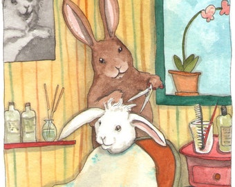 Fine Art Rabbit Print - Hare Cut , Cute Rabbit Art from Watercolor Painting, Bunny Getting a Hair Cut, Stylist Gift, Barber Wall Art, Animal