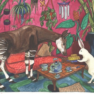 Tea with Okapi- Fine Art Print - Rabbit Having Tea Series, White Rabbit Painting, Animal Art, Cute Tea Illustration, Signed by Artist, Fun